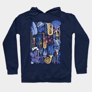 Music to my eyes - oxford navy blue background gold textured musical instruments blue indoor plants coral music notes Hoodie